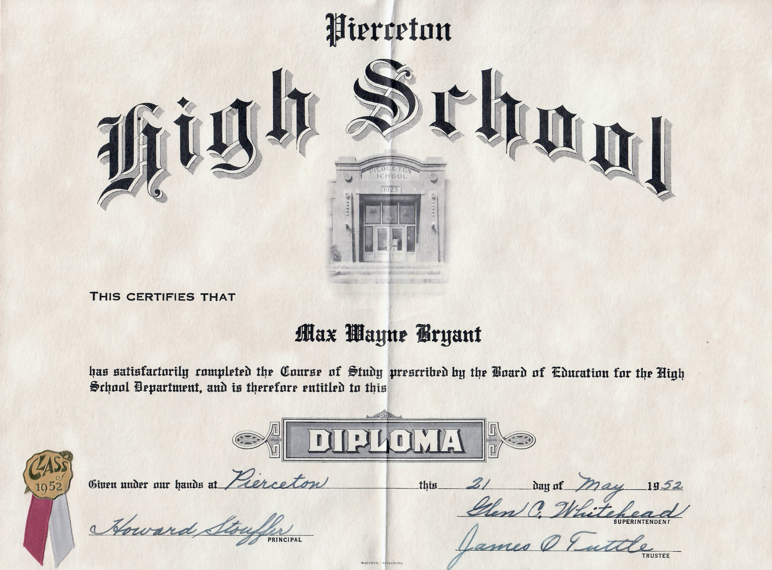 1952 PHS diploma-Max Wayne Bryant